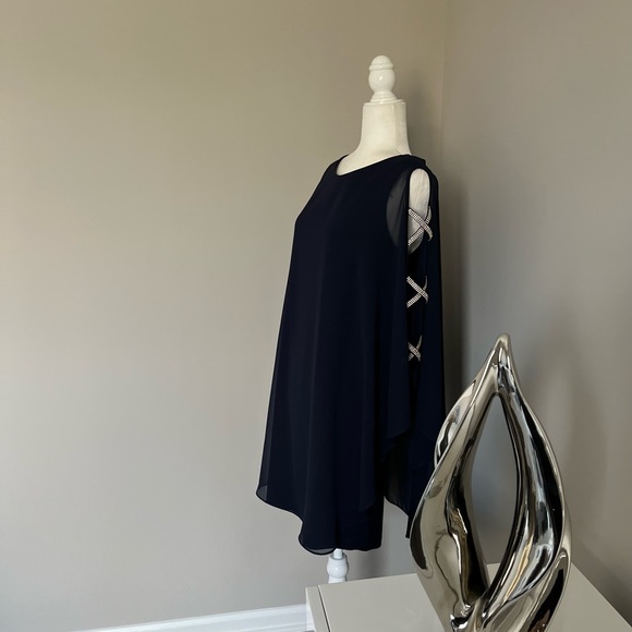 NWT Xscape Navy Blue Sheer Cape Rhinestone Cut-out Cocktail Gown Dress - Picture 10 of 13